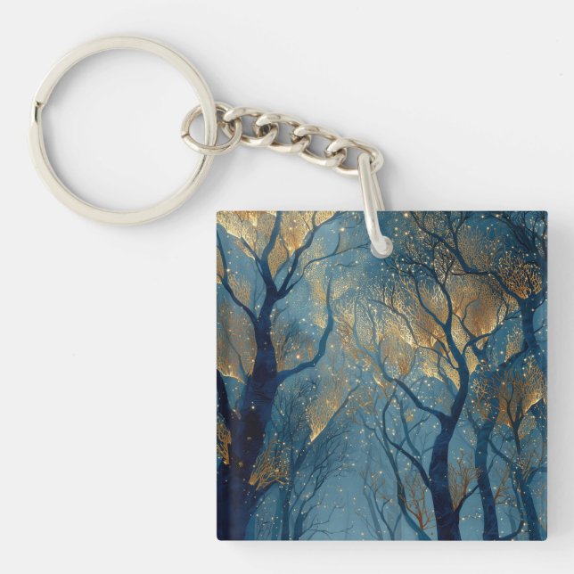 Enchanted Winter Forest with Glowing Golden Trees Keychain (Front)