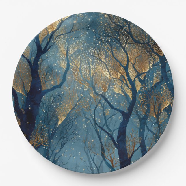 Enchanted Winter Forest with Glowing Golden Trees Paper Plate (Front)