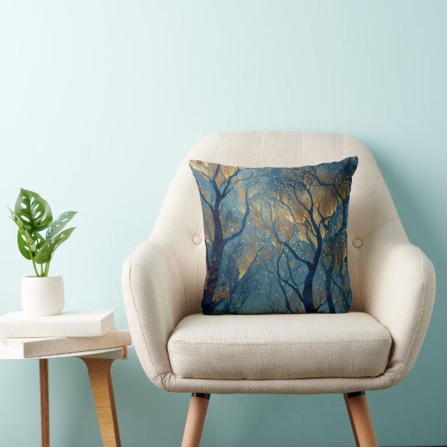 Enchanted Winter Forest with Glowing Golden Trees Throw Pillow (Chair)