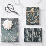 Enchanted Winter Night: Elegant Christmas Set of 3 Wrapping Paper Sheet<br><div class="desc">Elevate your holiday gift wrapping with this exquisite 3-flat-sheet set featuring larger, striking patterns perfect for showcasing your presents. This collection includes a snowy forest under a serene night sky, delicate snowflakes swirling in an elegant winter breeze, and a festive design with stylized pinecones, holly, and berries. The cohesive muted...</div>