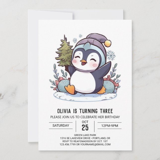 Enchanted Winter Penguin Digital Birthday Invitation (Front)