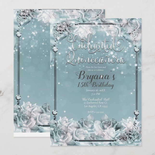 Enchanted Winter Roses Silver White Quinceañera  Invitation (Front/Back)