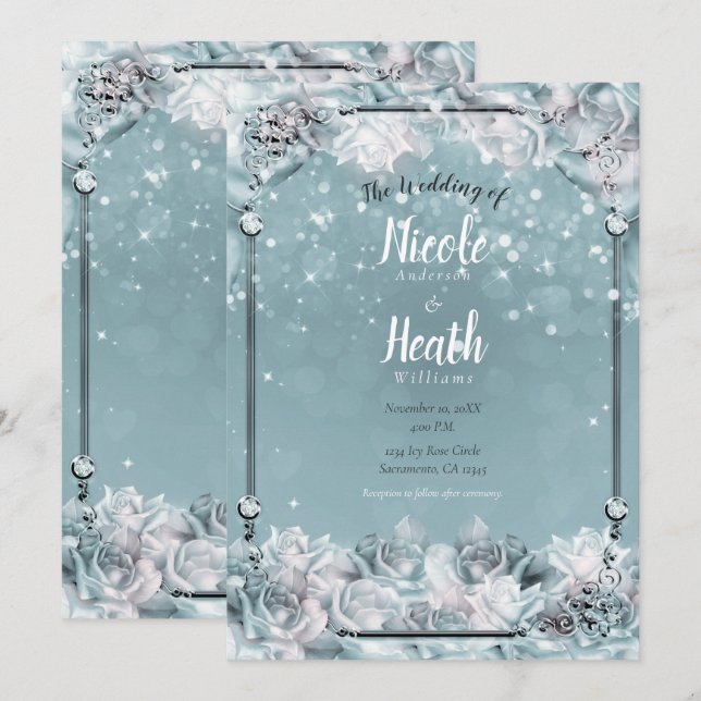 Enchanted Winter Roses Silver White Teal Wedding  Invitation (Front/Back)