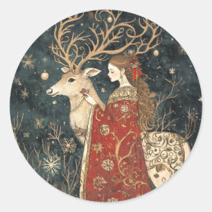 Enchanted Winter: The Maiden and the Stag Classic Round Sticker