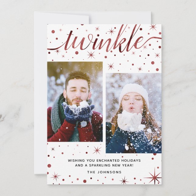 Enchanted Wishes Burgundy Typography 2-Photo Holiday Card (Front)
