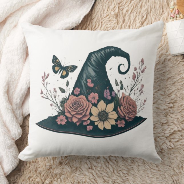 Enchanted Witch's Hat with Flowers Throw Pillow (Blanket)