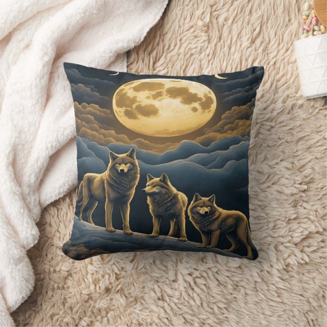 Enchanted Wolves Under the Full Moonlight Throw Pillow (Blanket)
