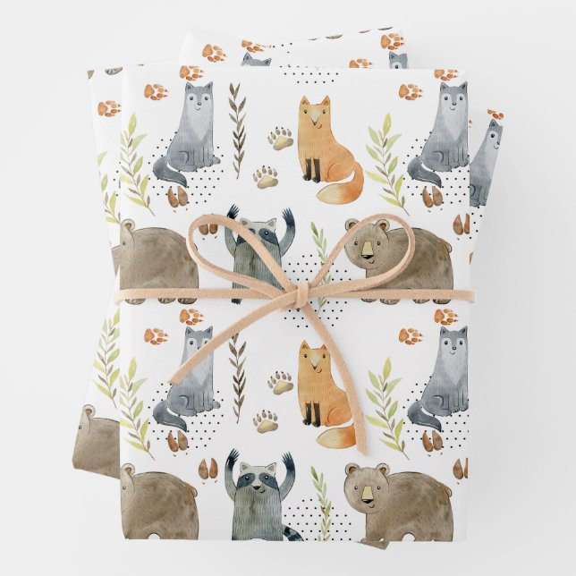 Enchanted Woodland Forest Animals Baby Shower Gift Wrapping Paper Sheet (In situ)