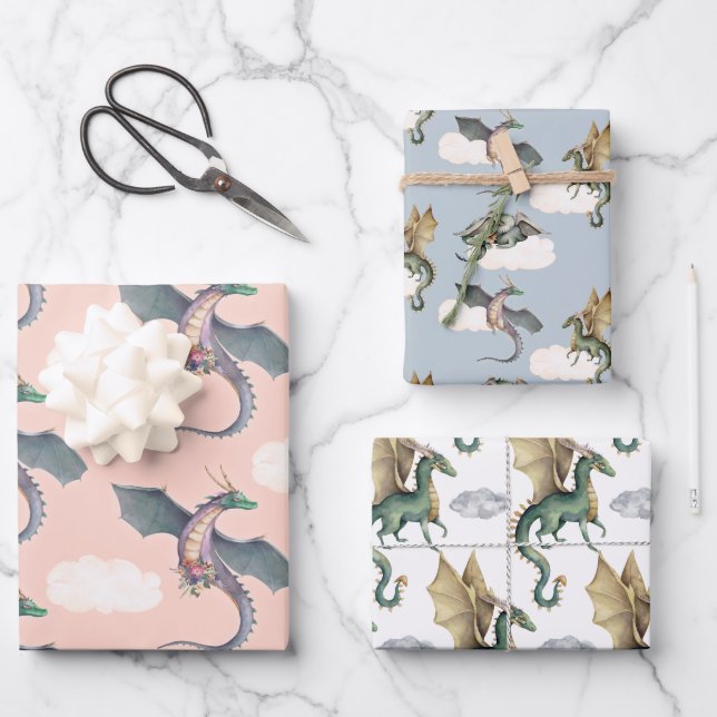 Enchanted Woodland Forest Dragon Birthday Wrapping Paper Sheet (Front)