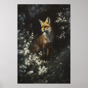 Enchanted Woodland Fox White Wildflowers Art Poster
