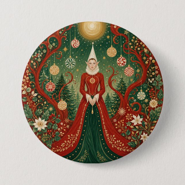 Enchanted Yuletide Forest Elf Queen 3 Inch Round Button (Front)