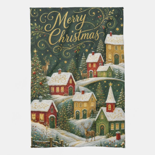 Enchanted Yuletide Village Kitchen Towel (Vertical)
