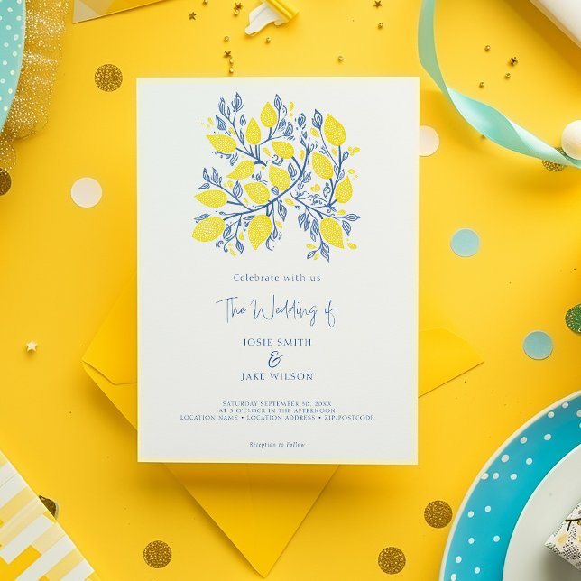 Enchanter la Faire-part de mariage de la vigne de  (Bright yellow and blue delightful lemon branch illustration wedding invitation.)
