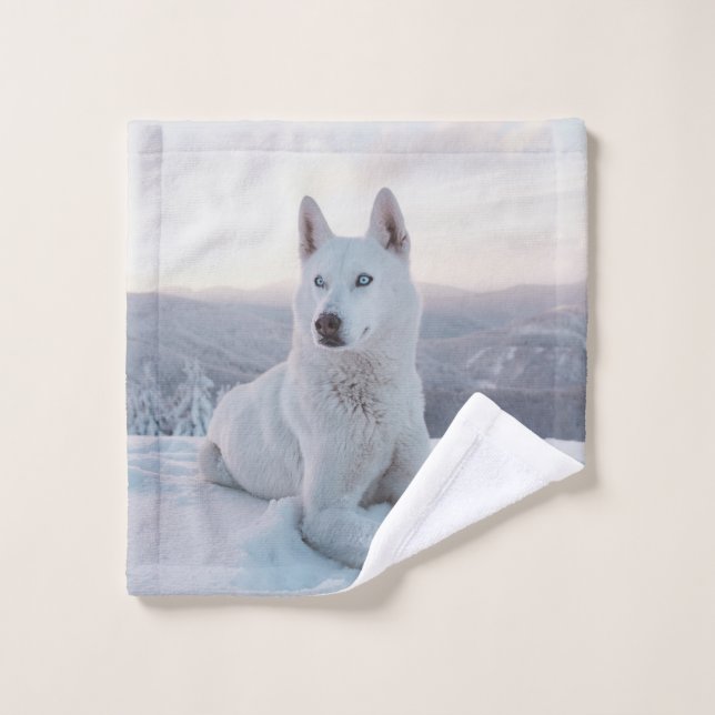 Enchanter White Husky Dog dans la neige (Gant de toilette)