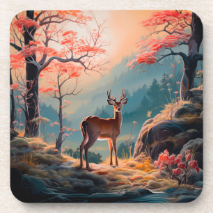 Enchanting Autumn Deer Forest Scene Design Coaster