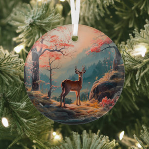 Enchanting Autumn Deer Forest Scene Design Glass Ornament