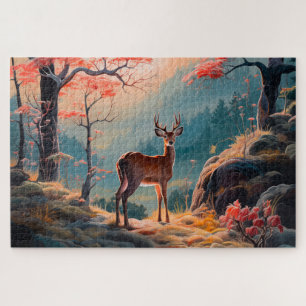 Enchanting Autumn Deer Forest Scene Design Jigsaw Puzzle