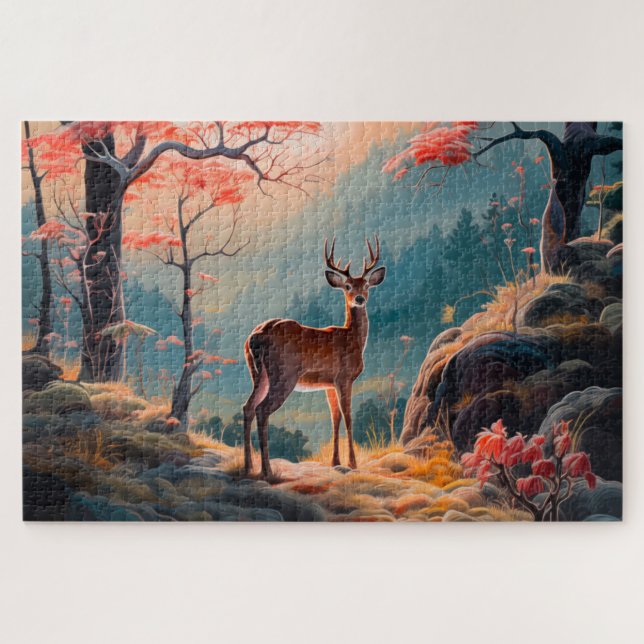 Enchanting Autumn Deer Forest Scene Design Jigsaw Puzzle (Horizontal)