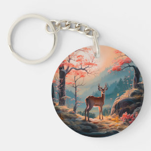 Enchanting Autumn Deer Forest Scene Design Keychain
