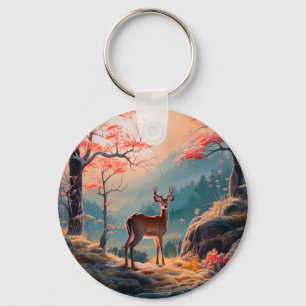 Enchanting Autumn Deer Forest Scene Design Keychain