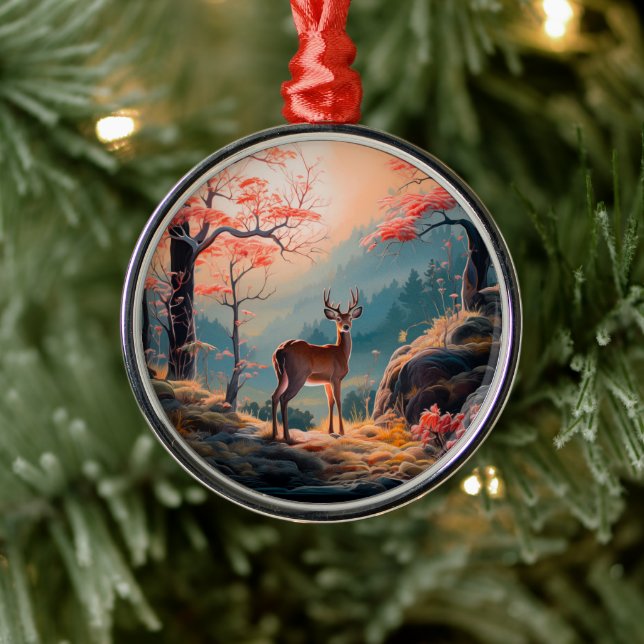 Enchanting Autumn Deer Forest Scene Design Metal Ornament (Tree)