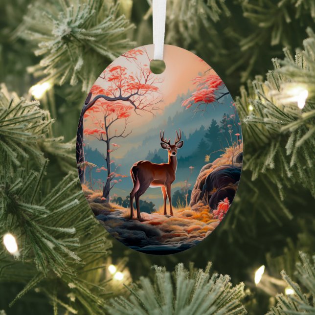 Enchanting Autumn Deer Forest Scene Design Metal Ornament (Insitu)