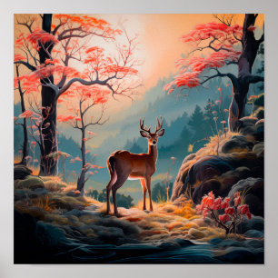 Enchanting Autumn Deer Forest Scene Design Poster