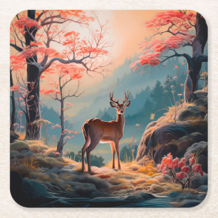Enchanting Autumn Deer Forest Scene Design Square Paper Coaster