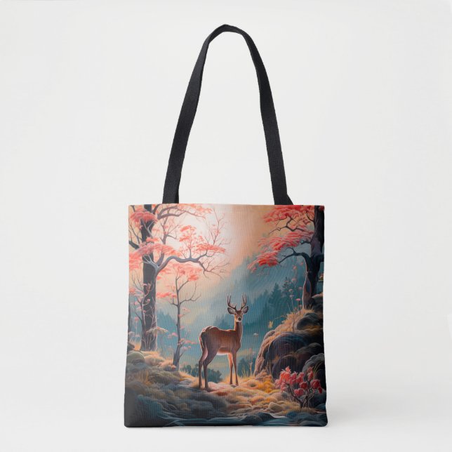 Enchanting Autumn Deer Forest Scene Design Tote Bag (Front)