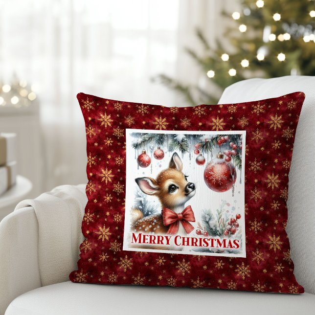 Enchanting baby fawn snowy forest scene Christmas  Throw Pillow (Enchanting baby fawn snowy forest scene Christmas pillow)