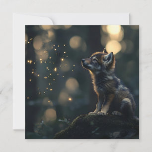 Enchanting Baby Wolf Watching Fireflies Holiday Card