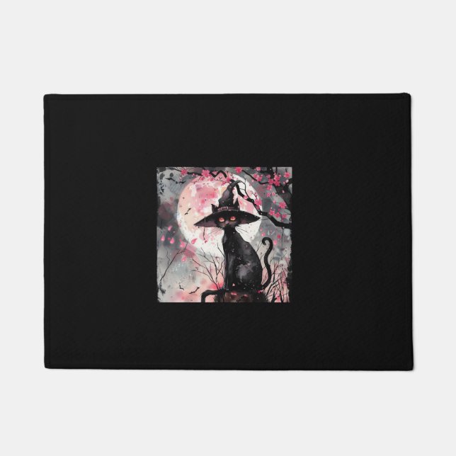 Enchanting Black Cat and Witch Hat Halloween Art  Doormat (Front)