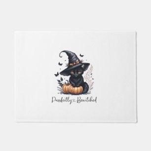 Enchanting Black Cat with Witch Hat Halloween   Doormat