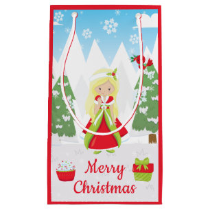 Enchanting Blonde Christmas Girl with Winter Scene Small Gift Bag