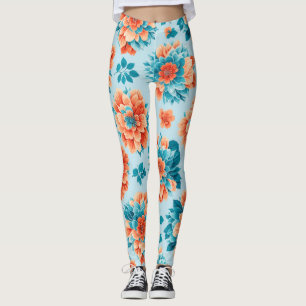 Enchanting Blue and Orange Floral Design: Delicate Leggings