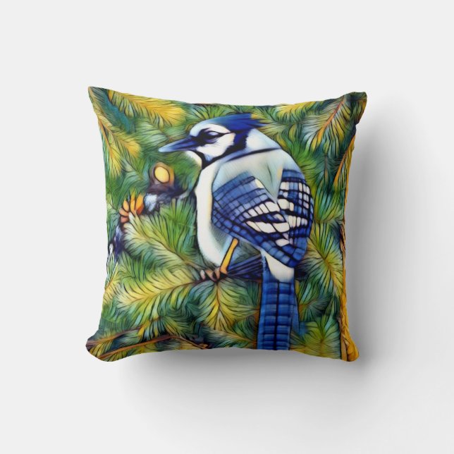 Enchanting Blue Jay Print Throw Pillow (Front)