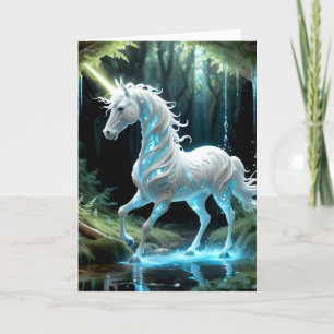 Enchanting, Blue & White Unicorn Walking in Stream Card