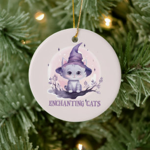 Enchanting Cat – Cute Pastel Purple Witch Cat Ceramic Ornament