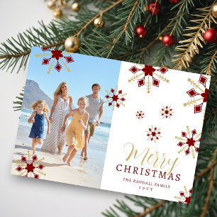 Enchanting Christmas Dark Red & Gold Snowflakes Holiday Card