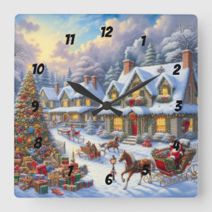 Enchanting Christmas Village Scene Square Wall Clock