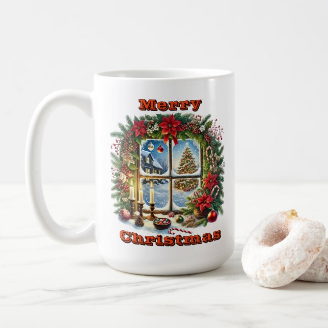 Enchanting Christmas Window Scene Coffee Mug (With Donut)