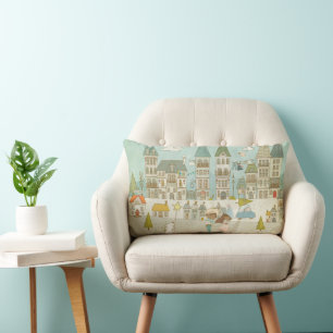 Enchanting City Scene/Characters and Houses Lumbar Pillow
