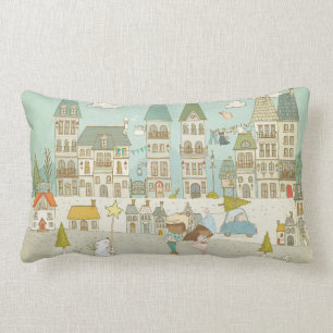 Enchanting City Scene/Characters and Houses Lumbar Pillow