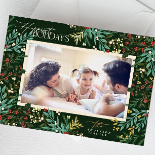 Enchanting Classic Botanical Emerald 1 Photo Happy Foil Holiday Card