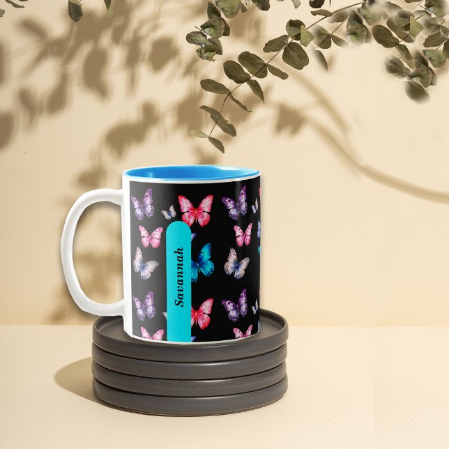 Enchanting Colourful Butterflies Personalize Name  Two-Tone Coffee Mug (Creator Uploaded)