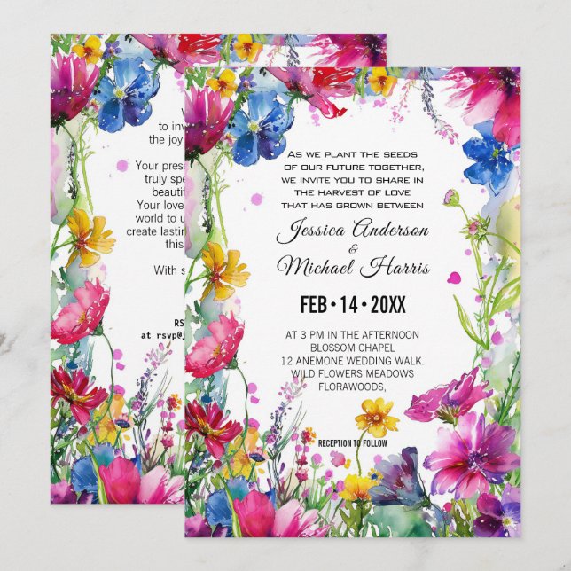 Enchanting colourful  Meadow Blooms Invitation (Front/Back)