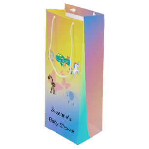 Enchanting Critter Parade Baby Shower Yellow Pink  Wine Gift Bag