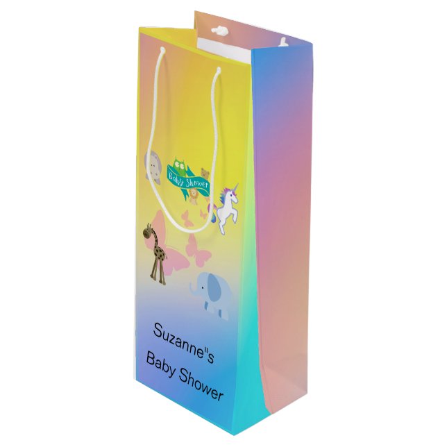 Enchanting Critter Parade Baby Shower Yellow Pink  Wine Gift Bag (Front Angled)