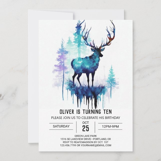 Enchanting Deer Watercolor Antlers Birthday Invitation (Front)