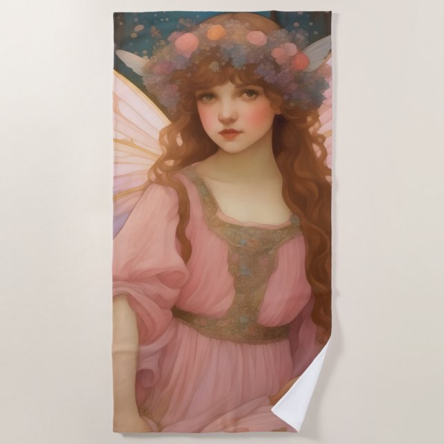 Enchanting Dreams: A Whimsical Pink Fairy Portrait Beach Towel (Front)
